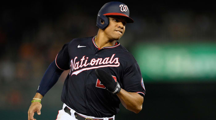 Washington Nationals' Juan Soto runs to third during the fourth inning of a baseball game against the Boston Red Sox, Oct. 1, 2021, in Washington.